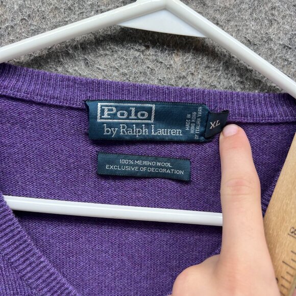 Vintage Ralph Lauren Pullover Mens XL Purple V Neck Sweatshirt Merino Wool 90s - Picture 5 of 10
